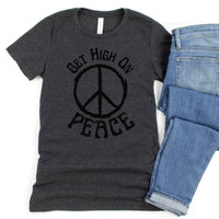 Load image into Gallery viewer, Get High On Peace Fitted T-Shirt – Hippie Peace Sign Tee, Peace Shirt, Festival Shirt, Retro Peace Sign Lover Tee, 70&#39;s Peace Sign Concert Tee

