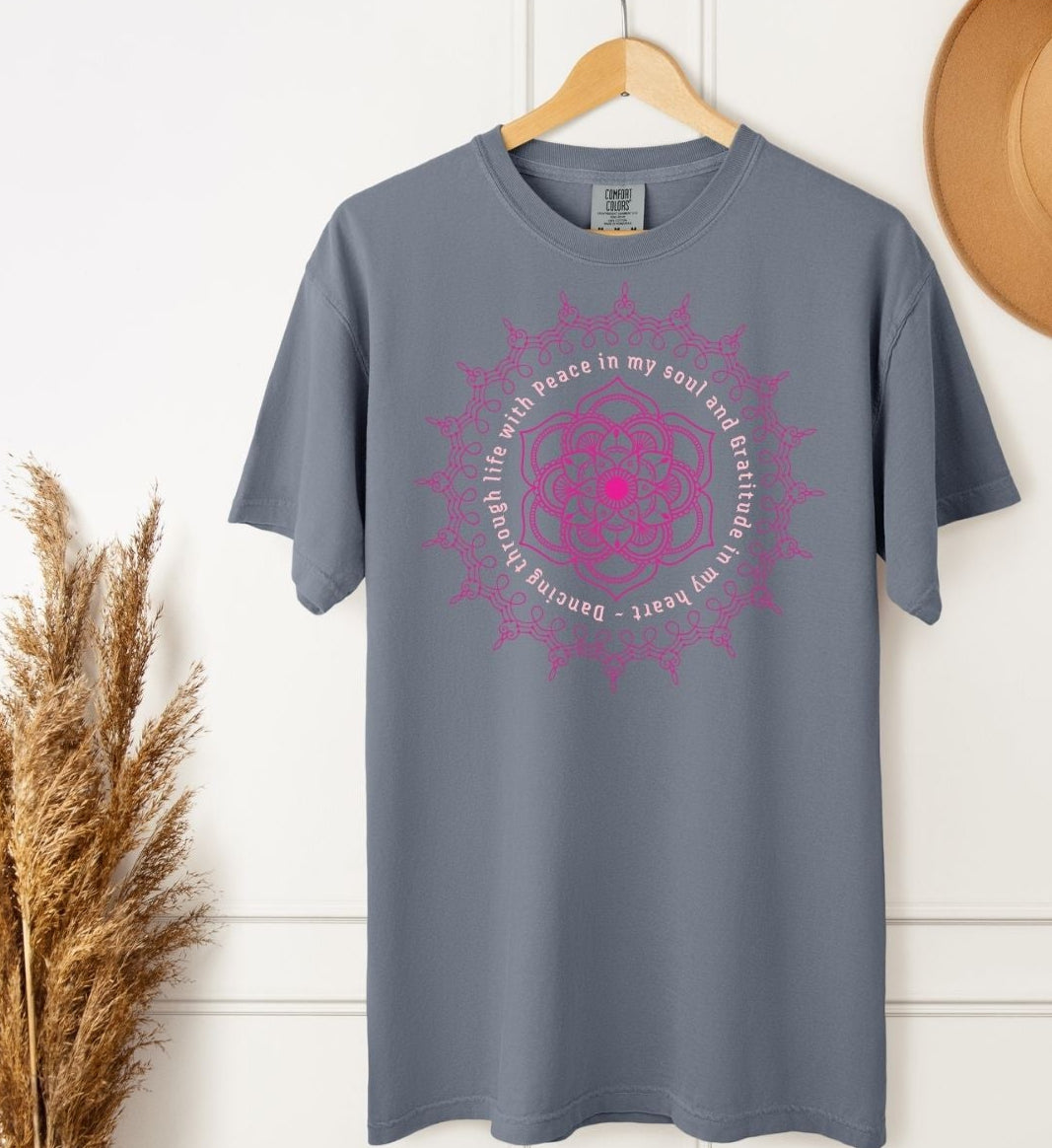 Dancing Through Life Mandala Tee – Unisex Heavyweight Crewneck T-Shirt with Positive Spiritual Message
