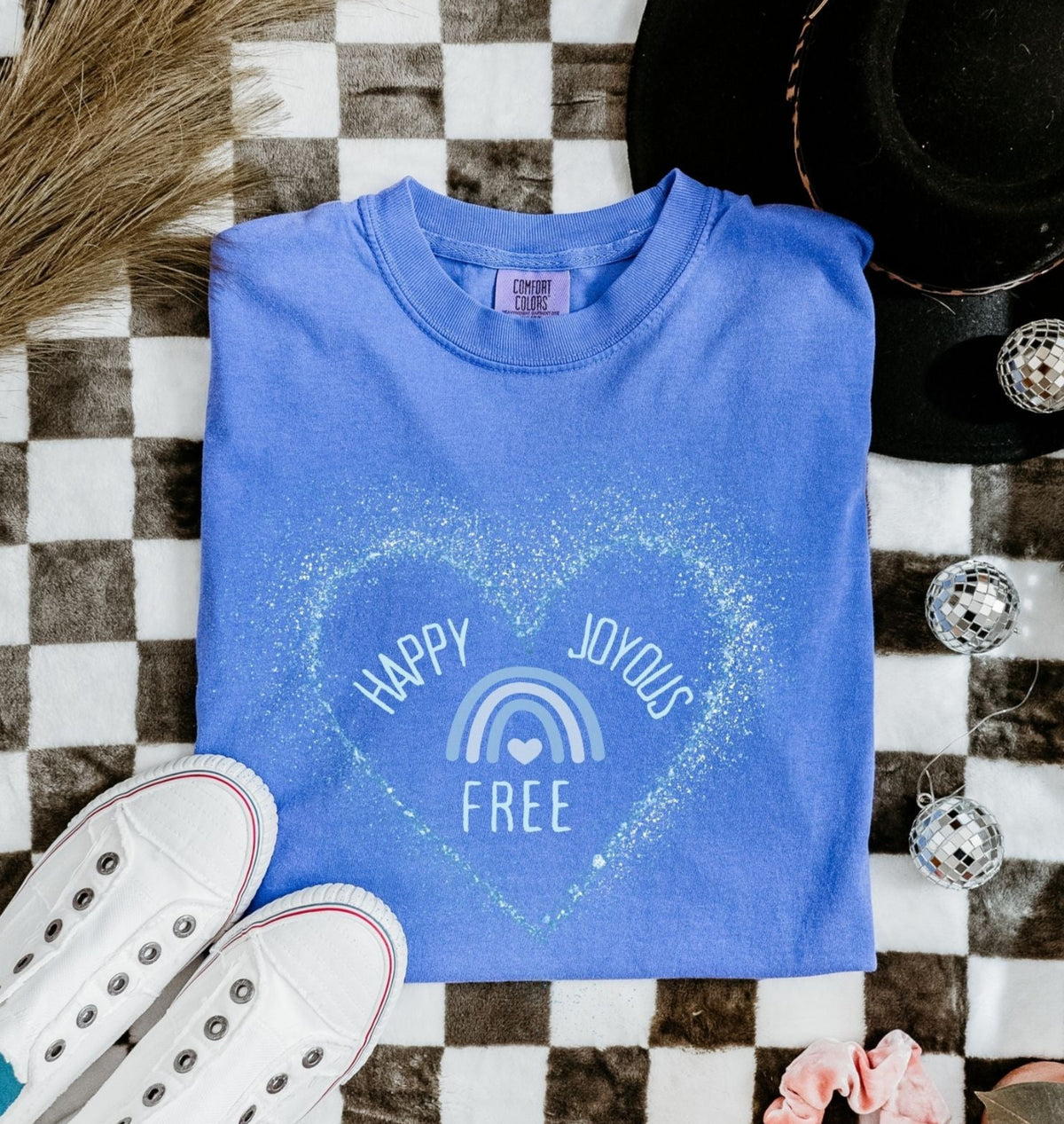 Happy Joyous Free Unisex T-Shirt – Blue Rainbow Sobriety Comfort Colors Tee