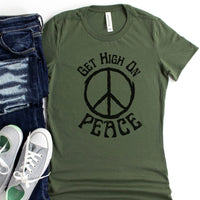 Load image into Gallery viewer, Get High On Peace Fitted T-Shirt – Hippie Peace Sign Tee, Peace Shirt, Festival Shirt, Retro Peace Sign Lover Tee, 70&#39;s Peace Sign Concert Tee
