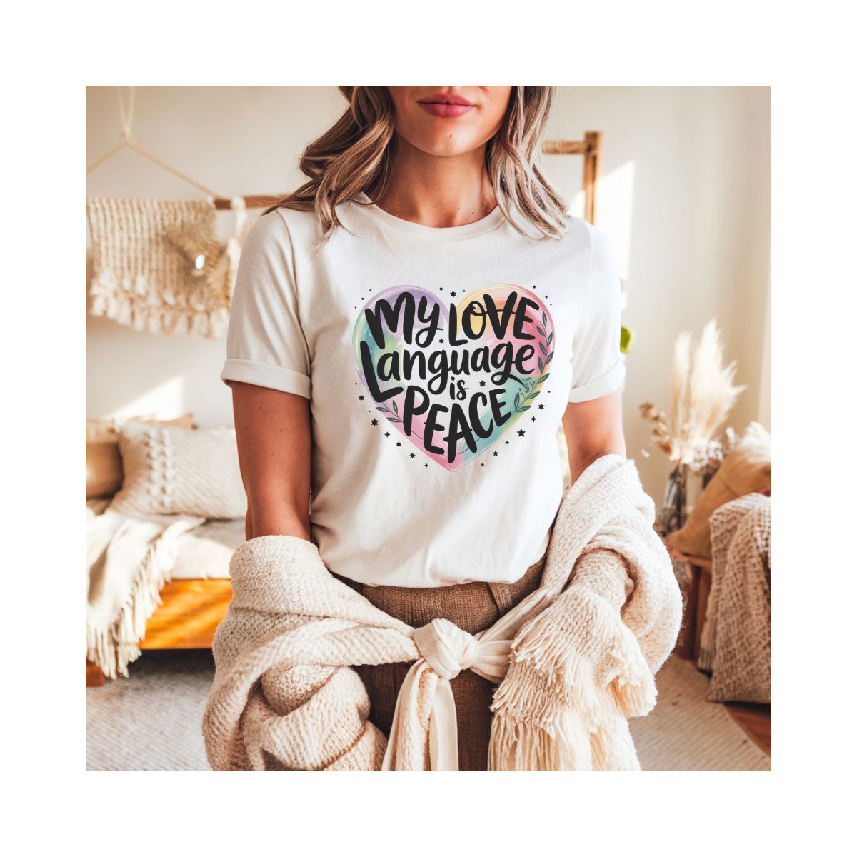 My Love Language Is Peace T-Shirt – Premium Unisex Crewneck with Watercolor Heart Design