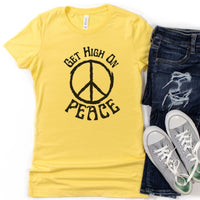 Load image into Gallery viewer, Get High On Peace Fitted T-Shirt – Hippie Peace Sign Tee, Peace Shirt, Festival Shirt, Retro Peace Sign Lover Tee, 70&#39;s Peace Sign Concert Tee
